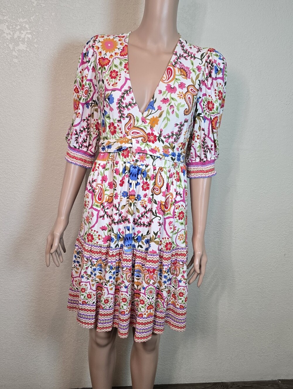 Hale Bob Women's Medium Floral Paisley V-Neck Boho Dress 3/4 Sleeve Medium - Picture 2 of 12